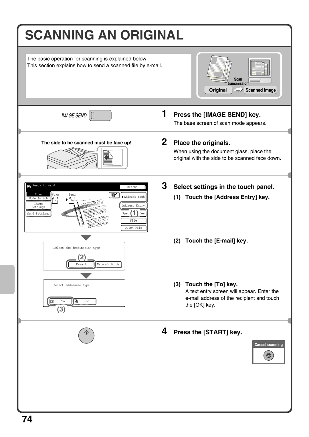 Sharp MX-M453U, MX-M503U, MX-M363U quick start Scanning AN Original, Touch the Address Entry key, Touch the E-mail key 