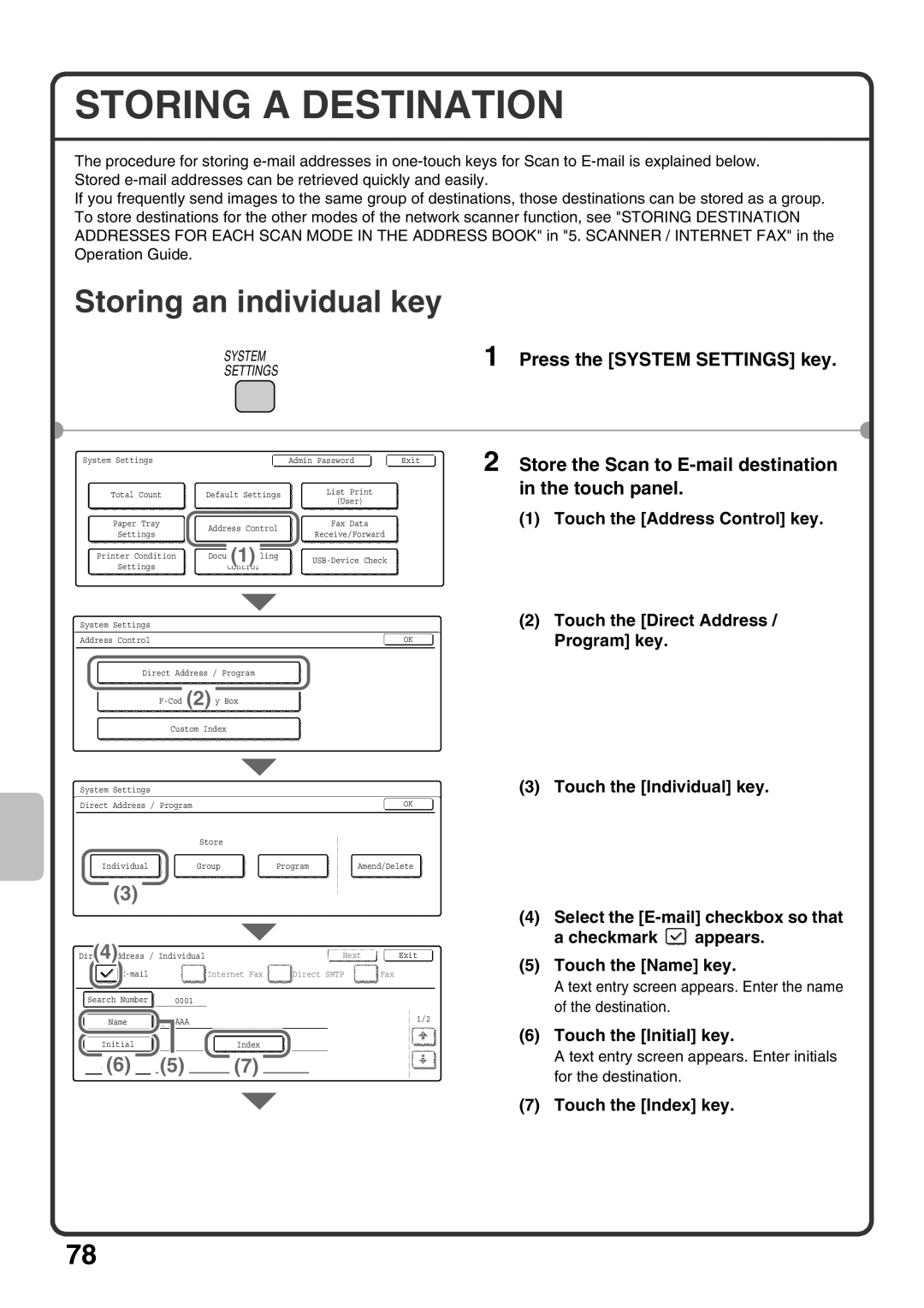 Sharp MX-M363U Storing a Destination, Store the Scan to E-mail destination in the touch panel, Touch the Index key 