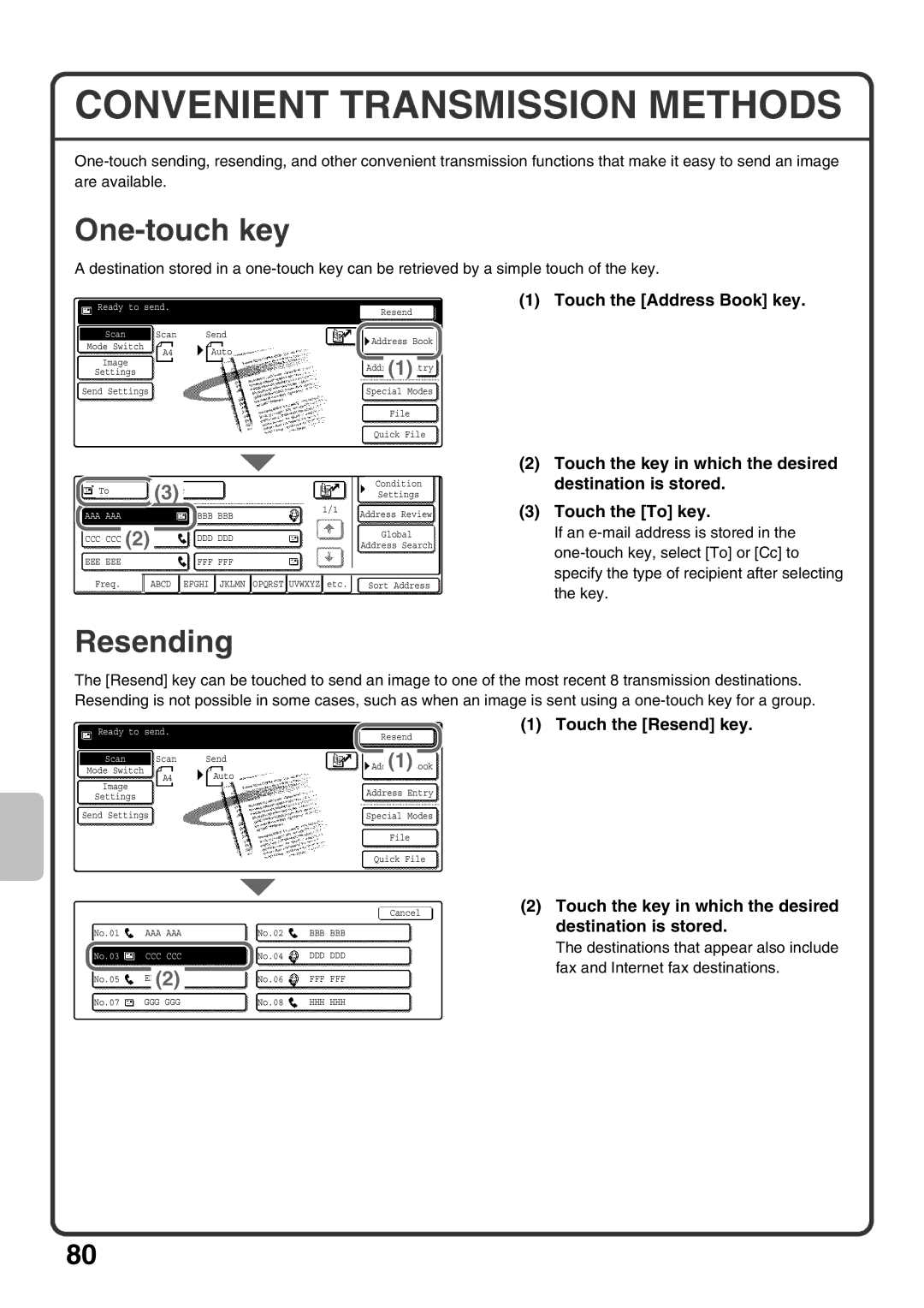 Sharp MX-M453U, MX-M503U, MX-M363U quick start Convenient Transmission Methods, One-touch key 