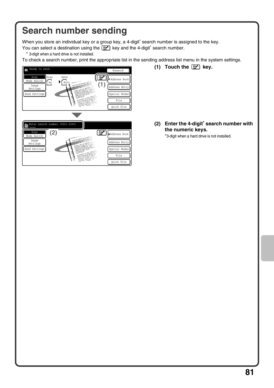 Sharp MX-M363U, MX-M503U Search number sending, Touch the key, Enter the 4-digit*search number with the numeric keys 