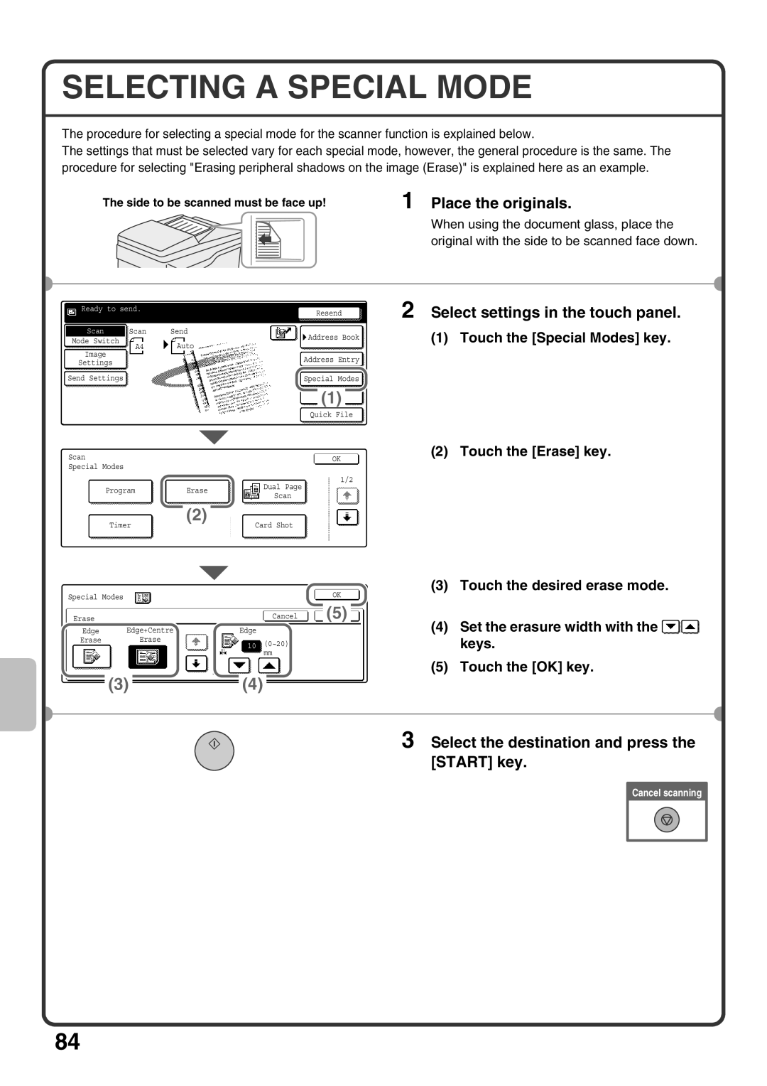 Sharp MX-M363U, MX-M503U, MX-M453U quick start Touch the desired erase mode, Set the erasure width with 