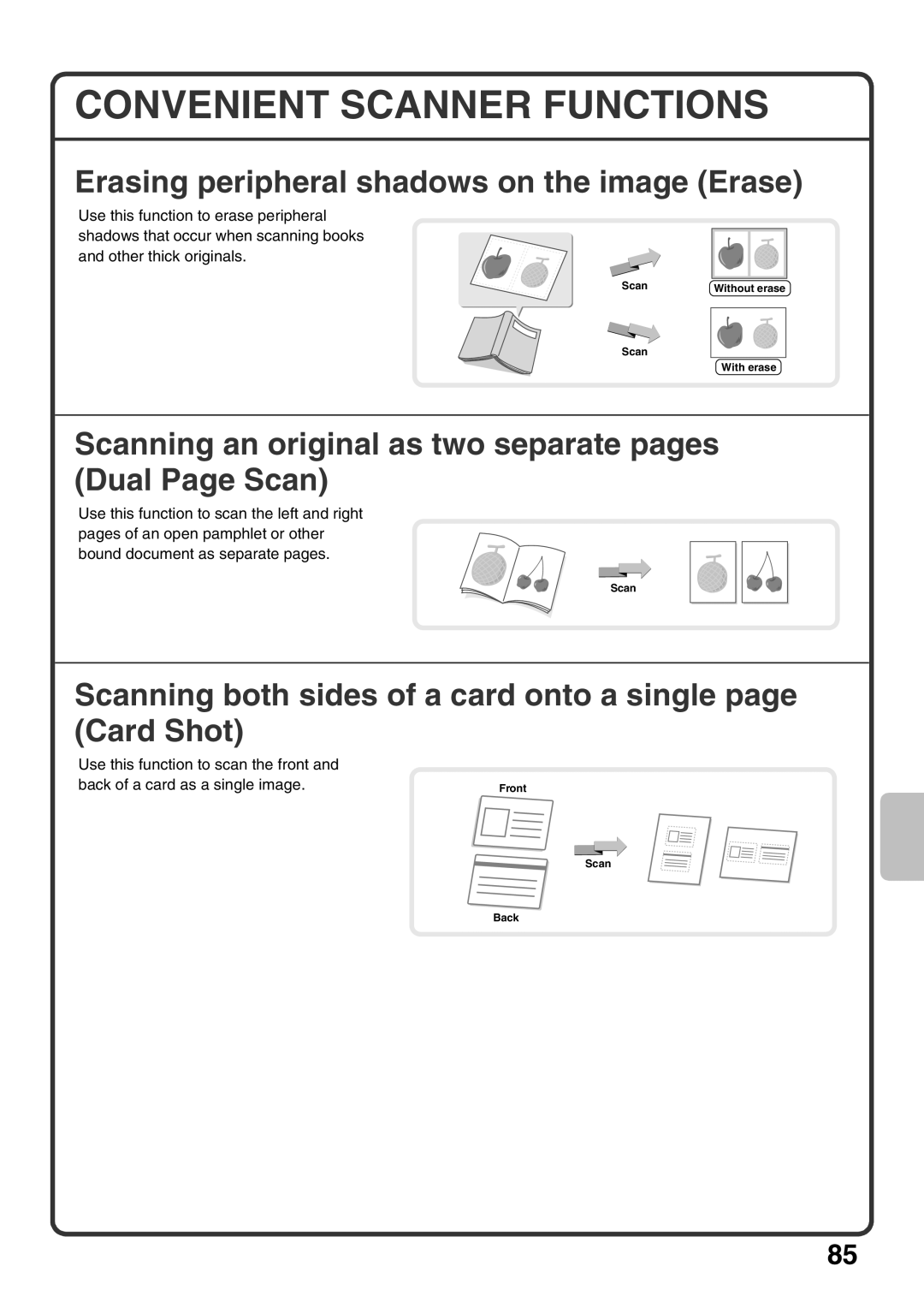 Sharp MX-M503U, MX-M453U, MX-M363U quick start Convenient Scanner Functions, Erasing peripheral shadows on the image Erase 