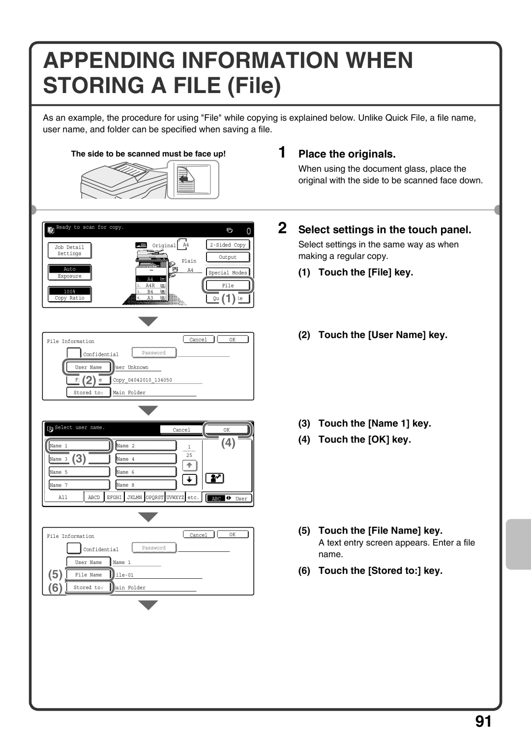 Sharp MX-M503U, MX-M453U Touch the File key, Touch the User Name key, Touch the File Name key, Touch the Stored to key 