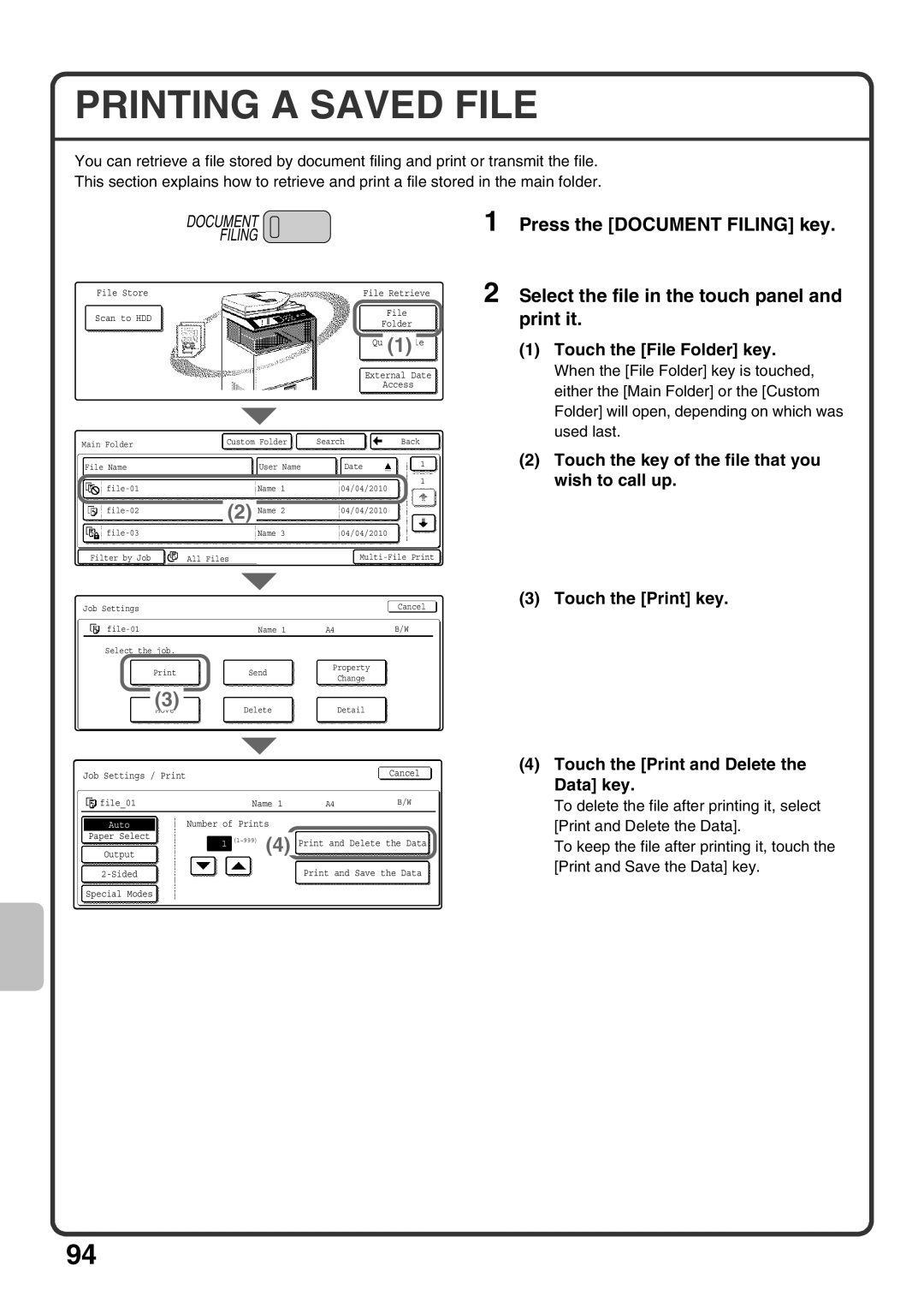 Sharp MX-M503U, MX-M453U, MX-M363U quick start Printing a Saved File, Touch the File Folder key 