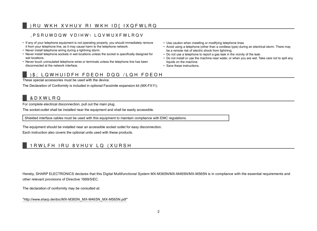 Sharp MX-M465N For the users of the fax function, FAX interface cable and Line cable, „„ Important safety instructions 