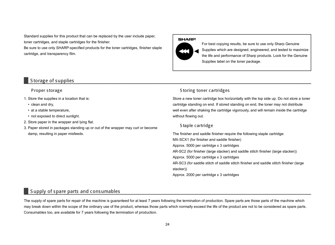 Sharp MX-M565N, MX-M365N Supplies, Storage of supplies, Supply of spare parts and consumables, „„ Staple cartridge 