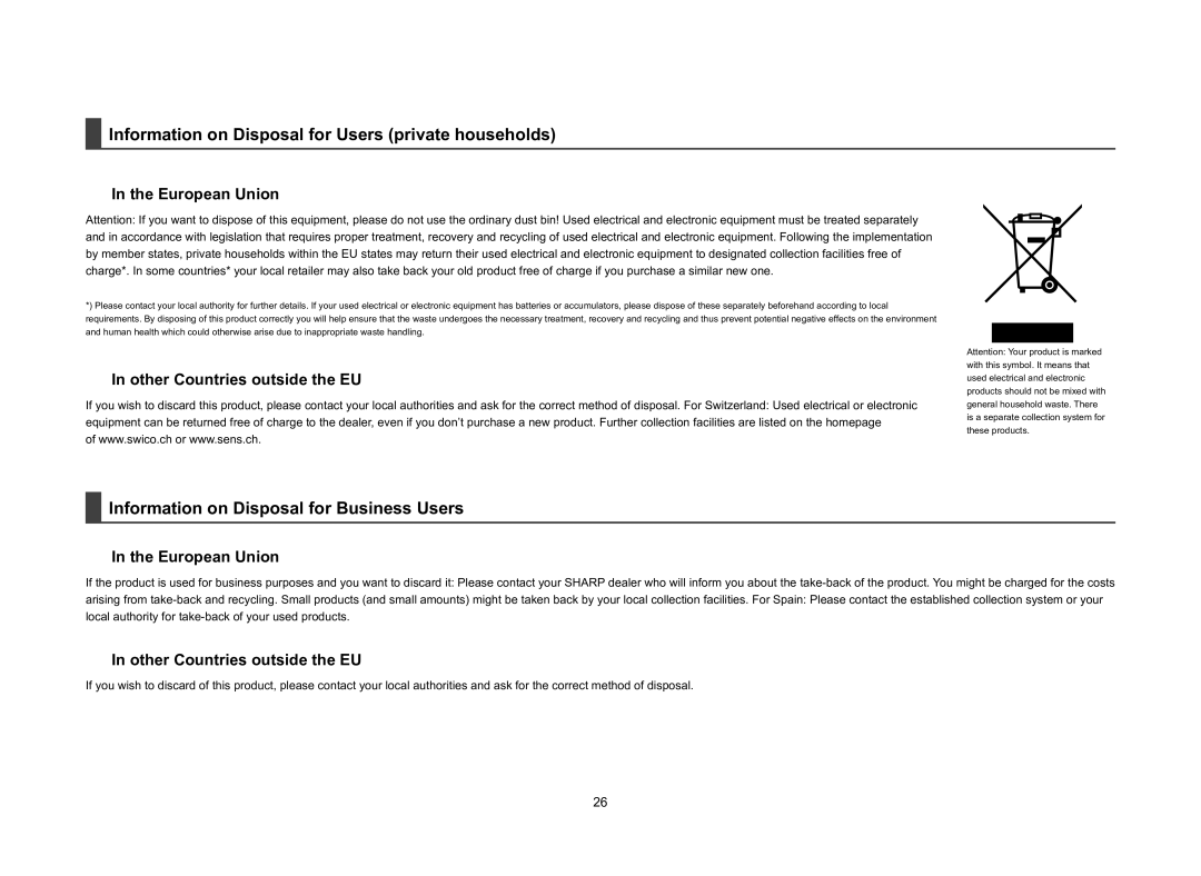 Sharp MX-M465N Information on Disposal for Users private households, Information on Disposal for Business Users 