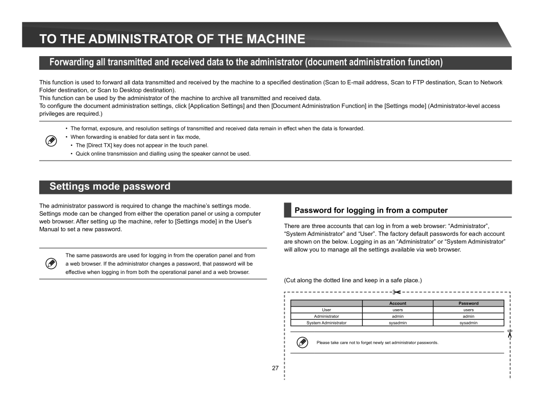 Sharp MX-M565N To the Administrator of the Machine, Settings mode password, Password for logging in from a computer 