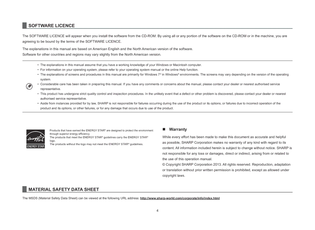 Sharp MX-M365N, MX-M565N, MX-M465N quick start Software Licence, „„ Warranty 