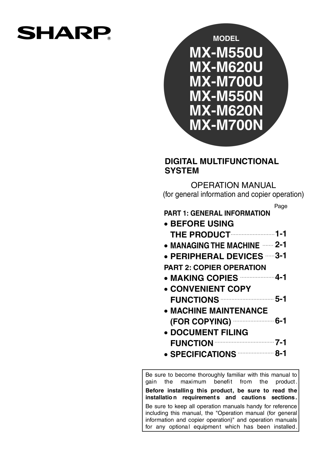 Sharp specifications MX-M550U MX-M620U MX-M700U MX-M550N MX-M620N MX-M700N 