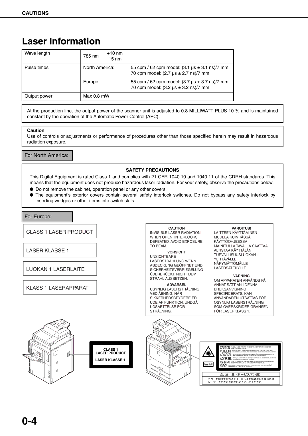 Sharp MX-M550N, MX-M700N, MX-M550U, MX-M620N, MX-M700U, MX-M620U specifications Laser Information, For North America 