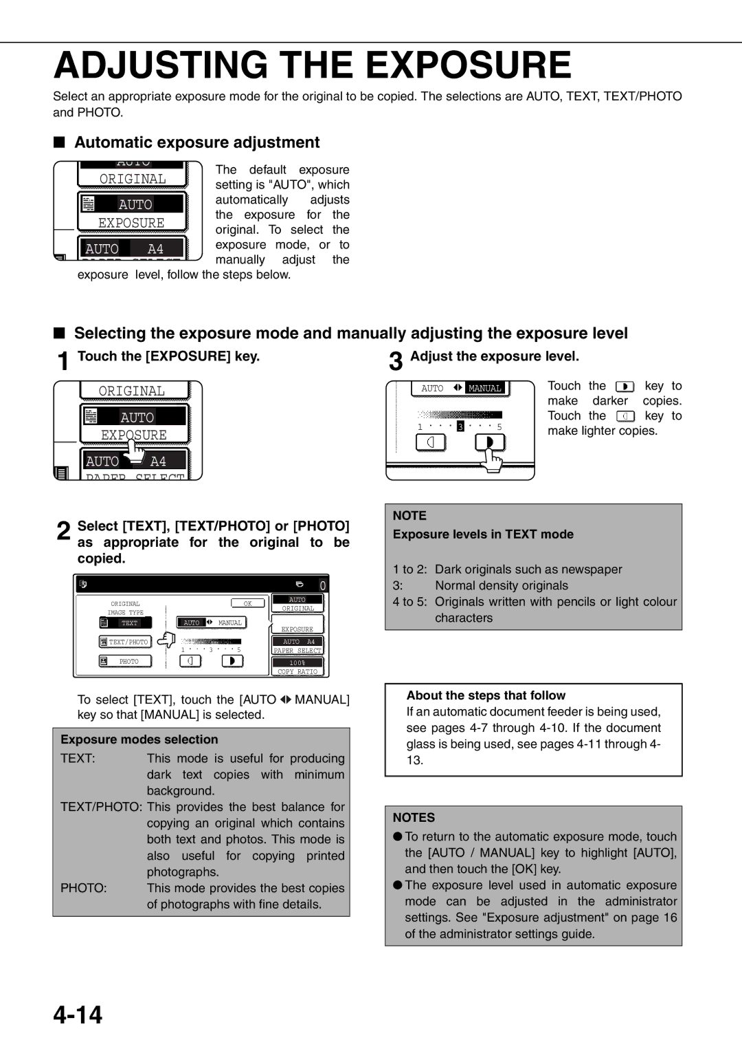 Sharp MX-M700N, MX-M550U, MX-M620N, MX-M700U Adjusting the Exposure, Automatic exposure adjustment, Touch the Exposure key 