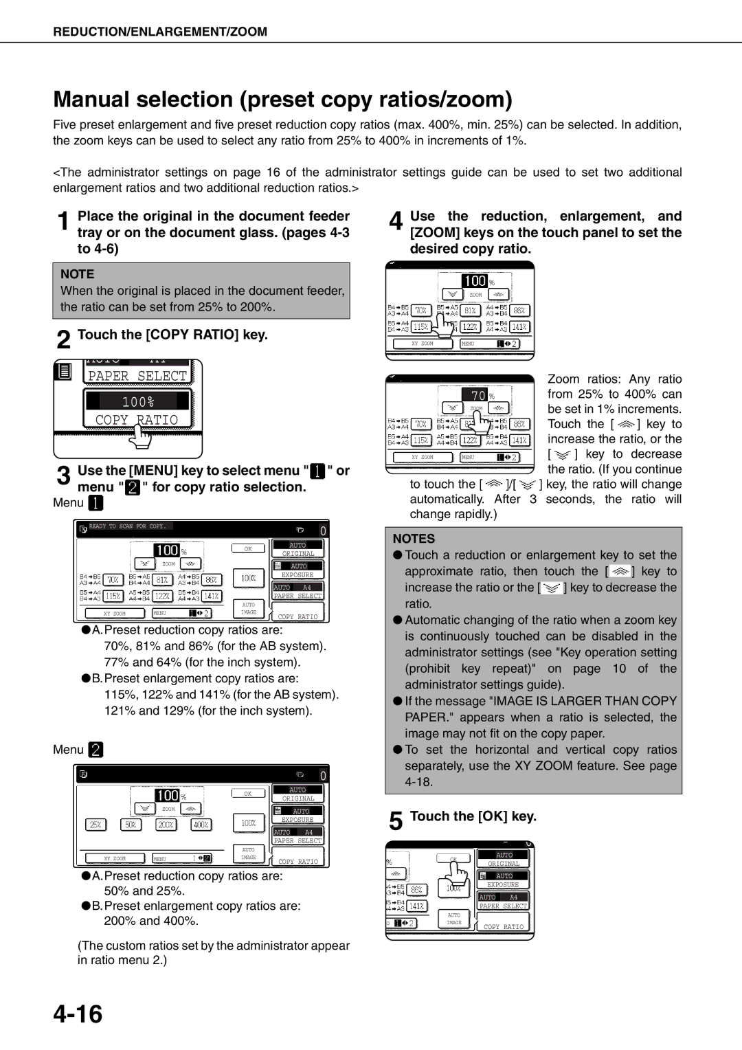 Sharp MX-M620N, MX-M700N, MX-M550U, MX-M700U, MX-M550N Manual selection preset copy ratios/zoom, Touch the Copy Ratio key 