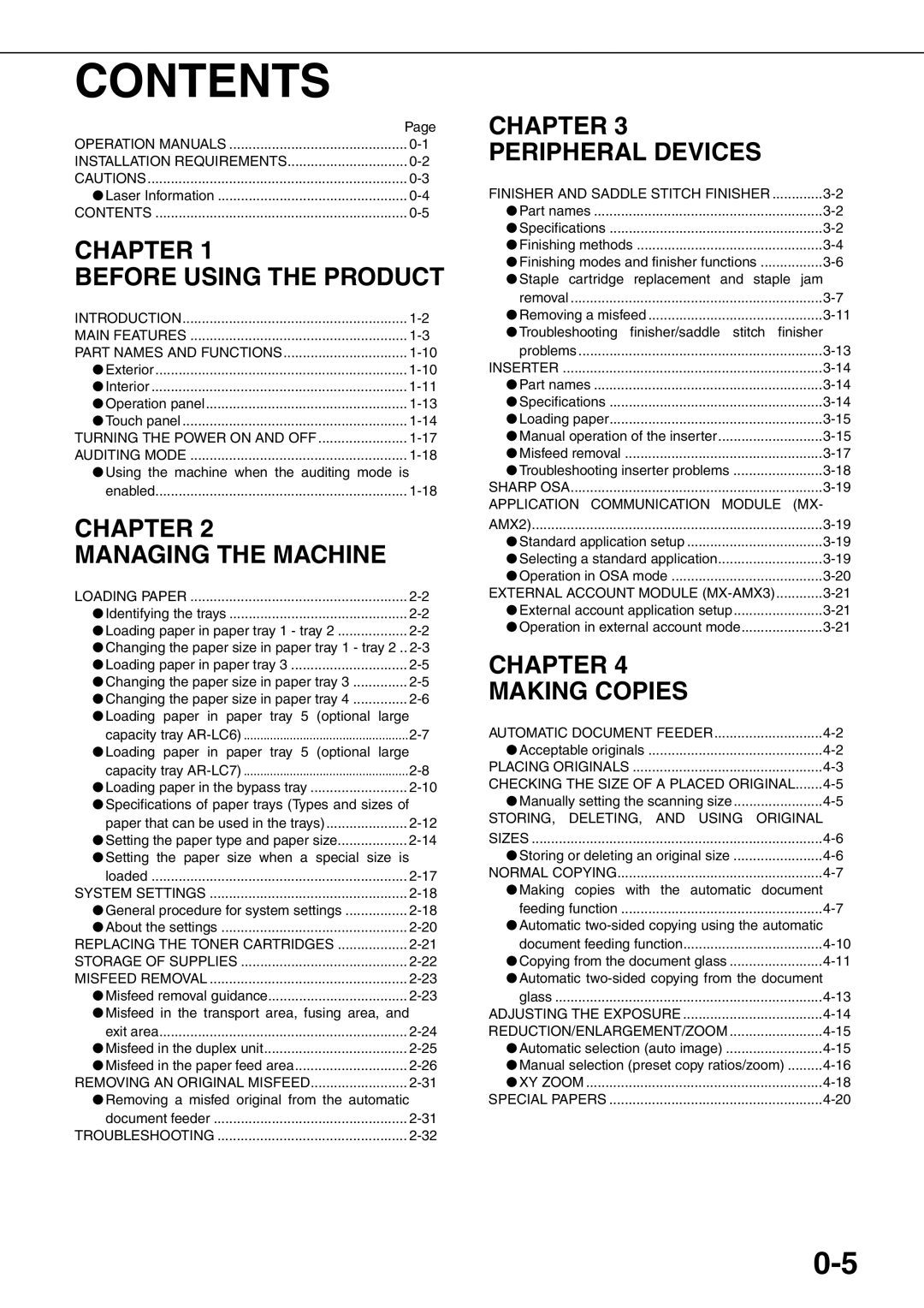 Sharp MX-M620U, MX-M700N, MX-M550U, MX-M620N, MX-M700U, MX-M550N specifications Contents 