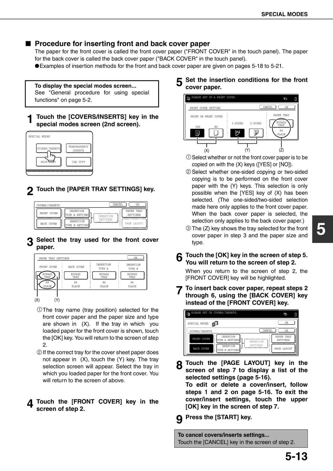 Sharp MX-M550U Procedure for inserting front and back cover paper, Selectpaper. the tray used for the front cover 