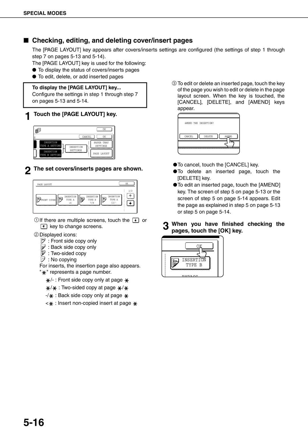 Sharp MX-M550N, MX-M700N, MX-M550U, MX-M620N Checking, editing, and deleting cover/insert pages, Touch the page Layout key 