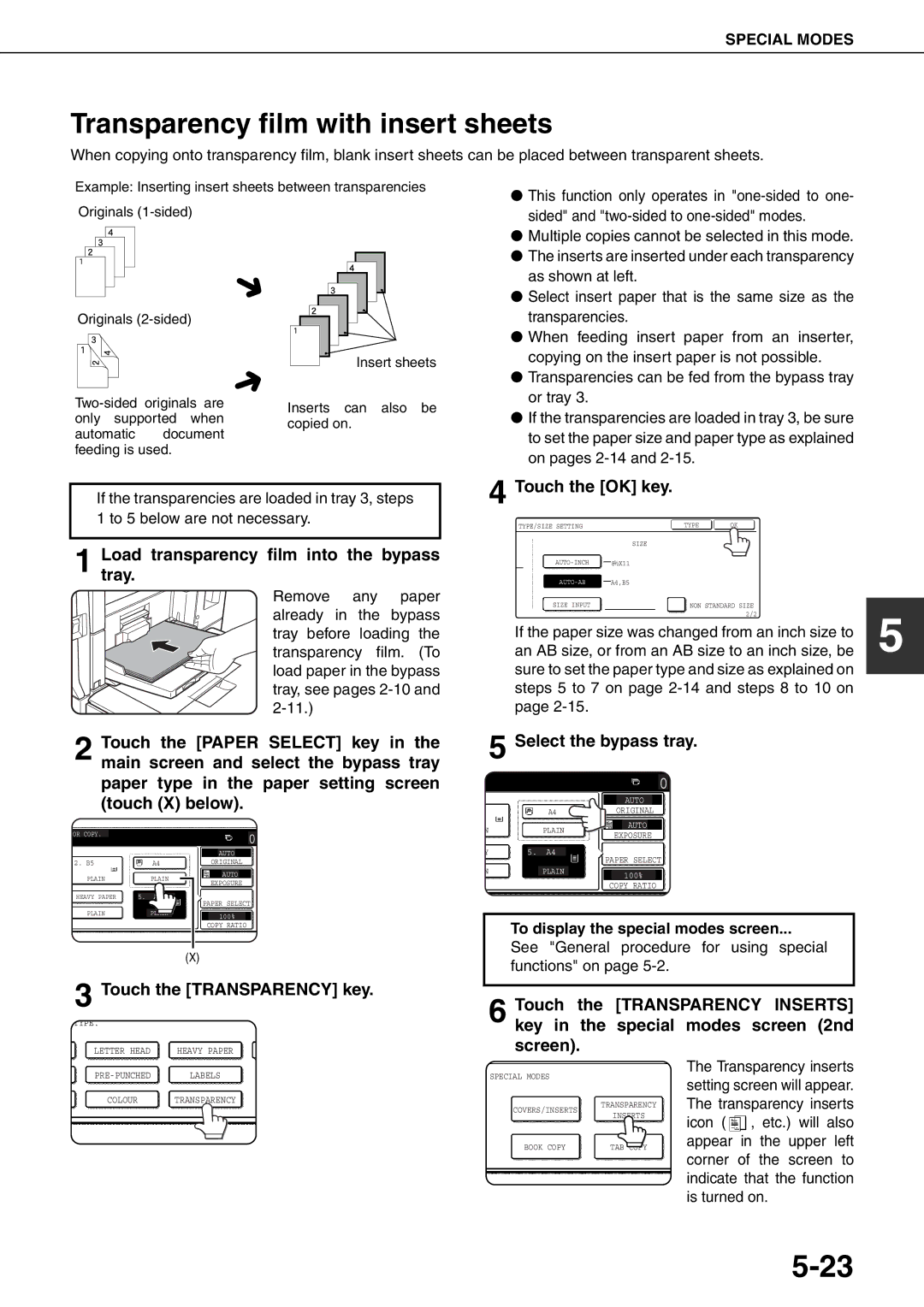 Sharp MX-M620U, MX-M700N, MX-M550U Transparency film with insert sheets, Loadtray. transparency film into the bypass 