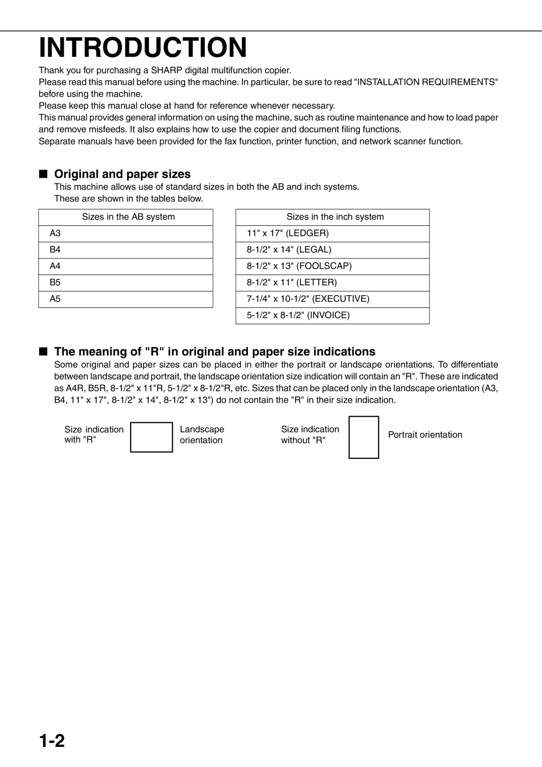 Sharp MX-M620N, MX-M700N Introduction, Original and paper sizes, Meaning of R in original and paper size indications 