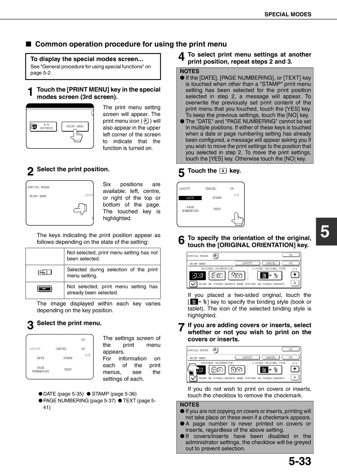 Sharp MX-M700U Common operation procedure for using the print menu, To display the special modes screen, Touch the key 