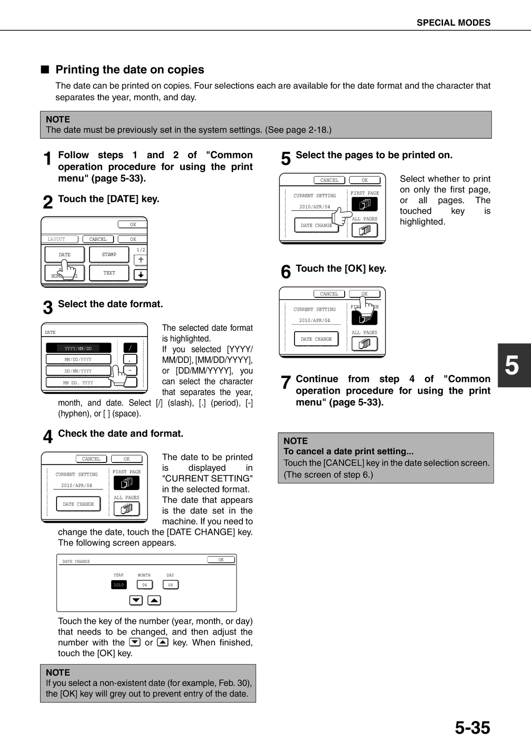 Sharp MX-M620U, MX-M700N, MX-M550U, MX-M620N Printing the date on copies, Select the date format, Check the date and format 