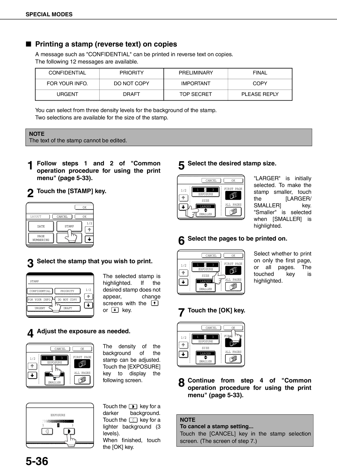 Sharp MX-M700N Printing a stamp reverse text on copies, Select the stamp that you wish to print, To cancel a stamp setting 