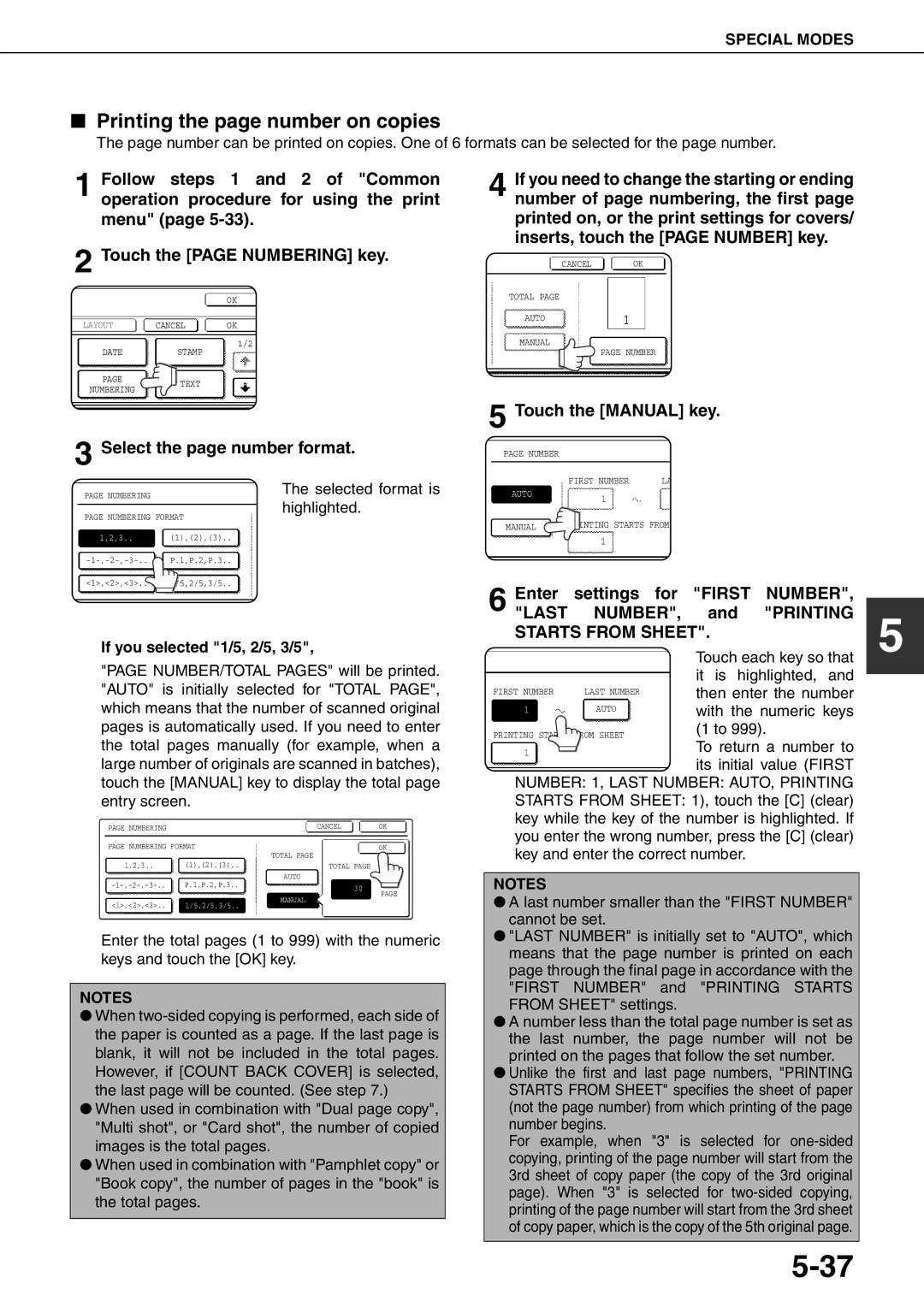 Sharp MX-M550U, MX-M700N, MX-M620N Printing the page number on copies, Select the page number format, Touch the Manual key 