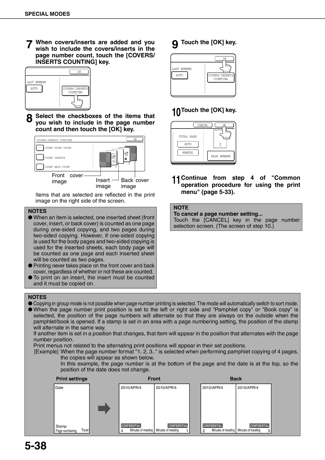 Sharp MX-M620N, MX-M700N, MX-M550U, MX-M700U, MX-M550N, MX-M620U 10Touch the OK key, To cancel a page number setting 