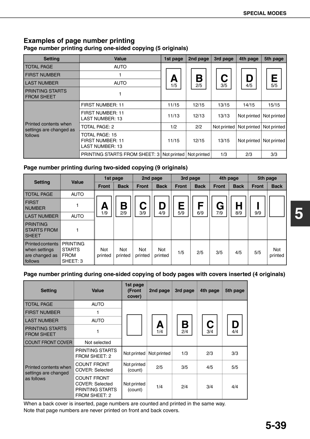 Sharp MX-M700U, MX-M700N, MX-M550U Examples of page number printing, Number printing during one-sided copying 5 originals 