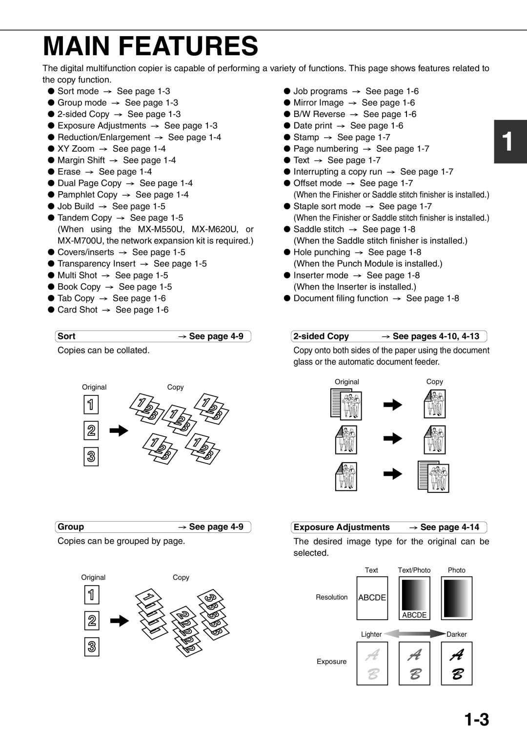 Sharp MX-M700U, MX-M700N, MX-M550U Main Features, Sort, Sided Copy See pages 4-10,4-13, Group, Exposure Adjustments 