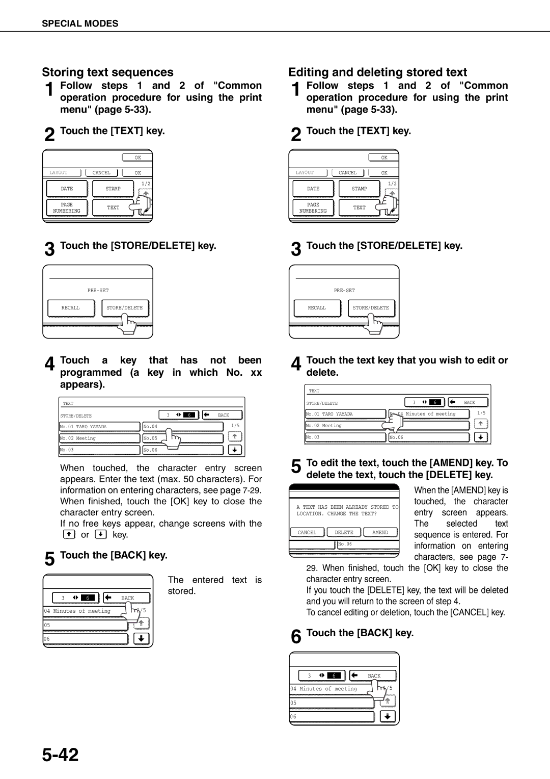 Sharp MX-M700N, MX-M550U, MX-M620N, MX-M700U Storing text sequences, Editing and deleting stored text, Touch the Back key 