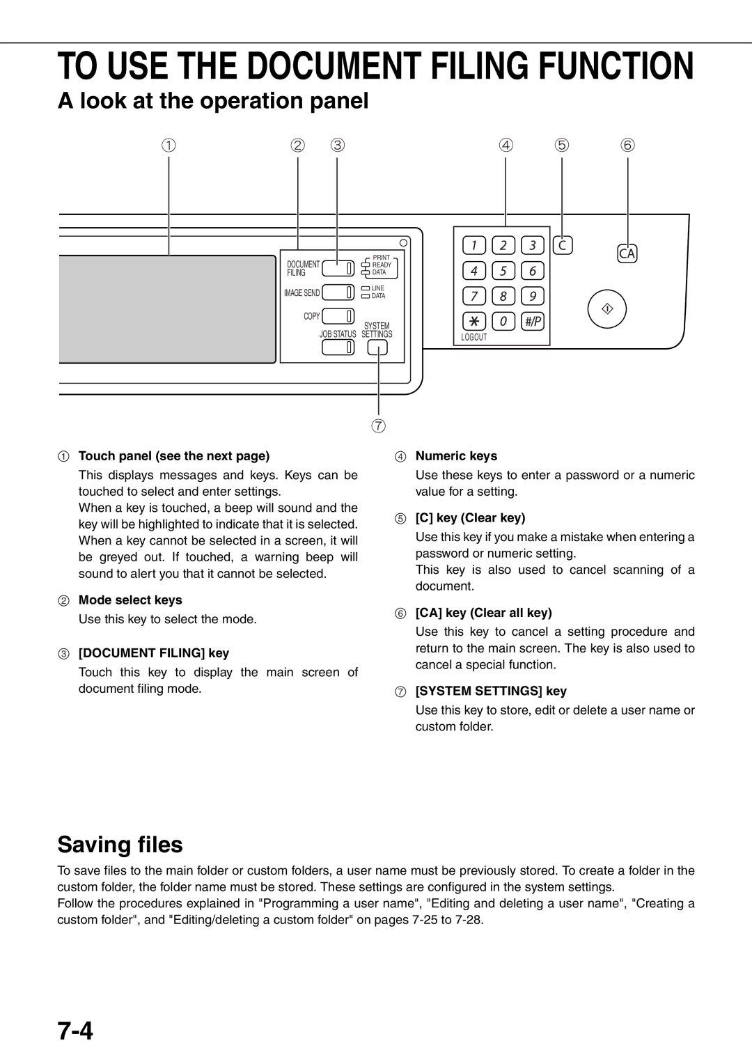 Sharp MX-M700N, MX-M550U, MX-M620N Look at the operation panel, Saving files, Touch panel see the next, Mode select keys 