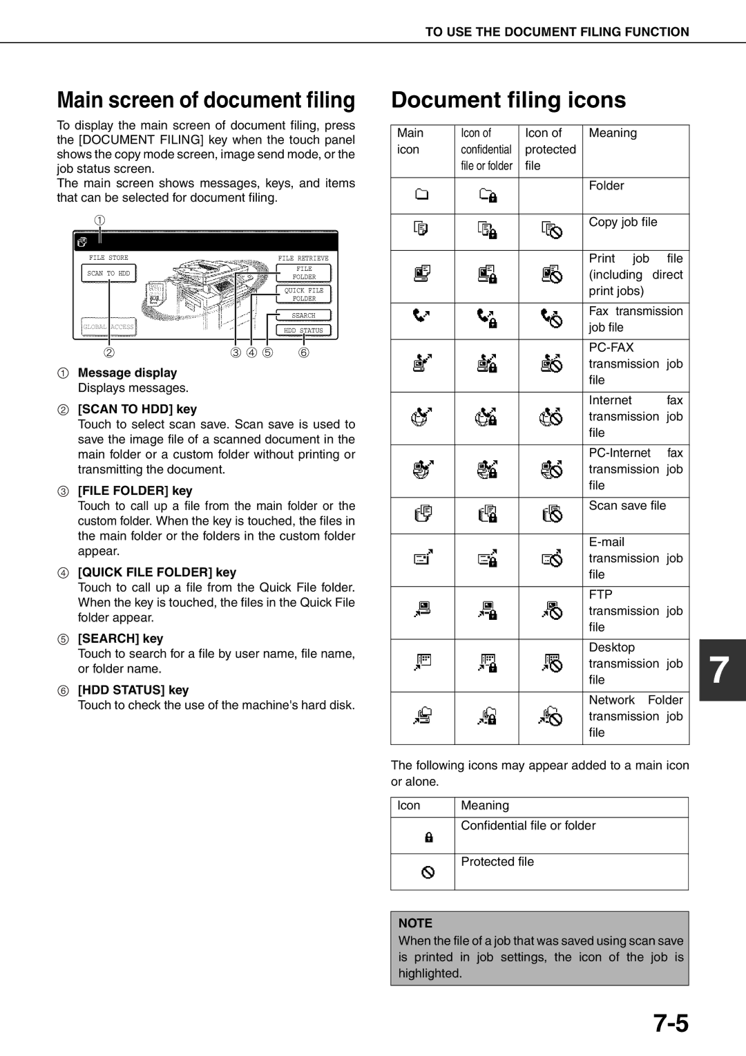 Sharp MX-M550U, MX-M700N, MX-M620N, MX-M700U, MX-M550N, MX-M620U specifications Document filing icons 