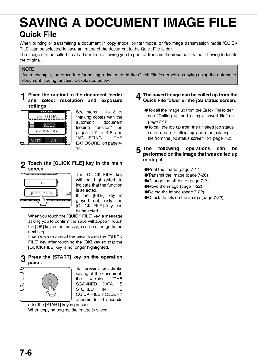 Sharp MX-M620N, MX-M700N, MX-M550U Saving a Document Image File, Quick File, Presspanel. the Start key on the operation 