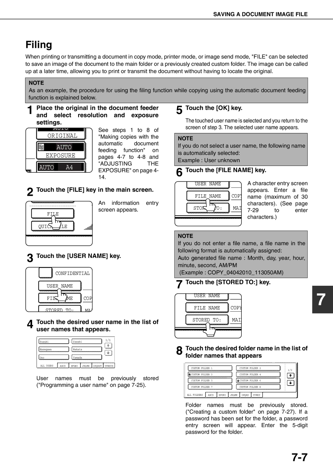 Sharp MX-M700U, MX-M700N, MX-M550U, MX-M620N, MX-M550N, MX-M620U specifications Filing, Touch the User Name key 