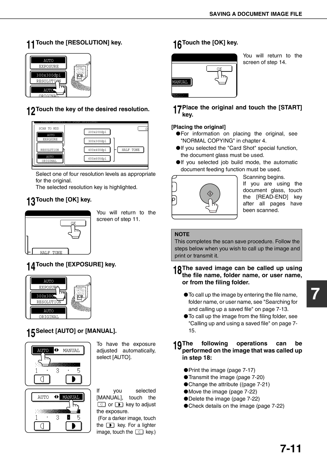 Sharp MX-M550U, MX-M700N 11Touch the Resolution key, 12Touch the key of the desired resolution, 16Touch the OK key 