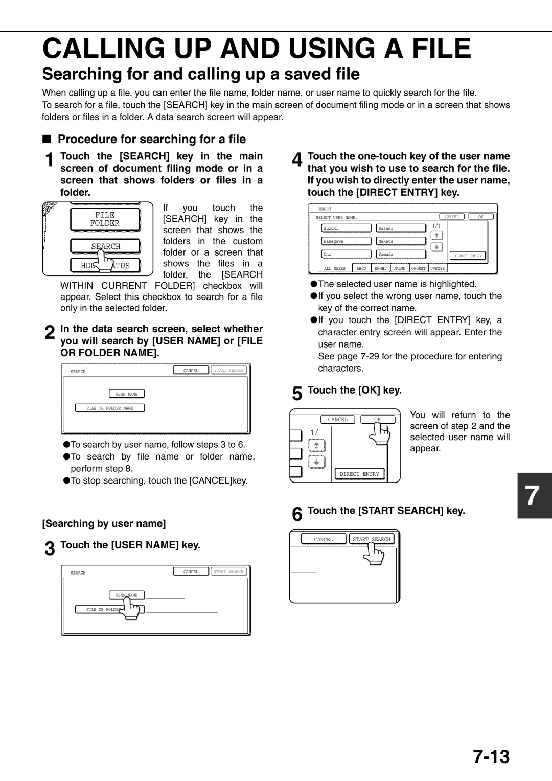 Sharp MX-M700U Calling UP and Using a File, Searching for and calling up a saved file, Procedure for searching for a file 