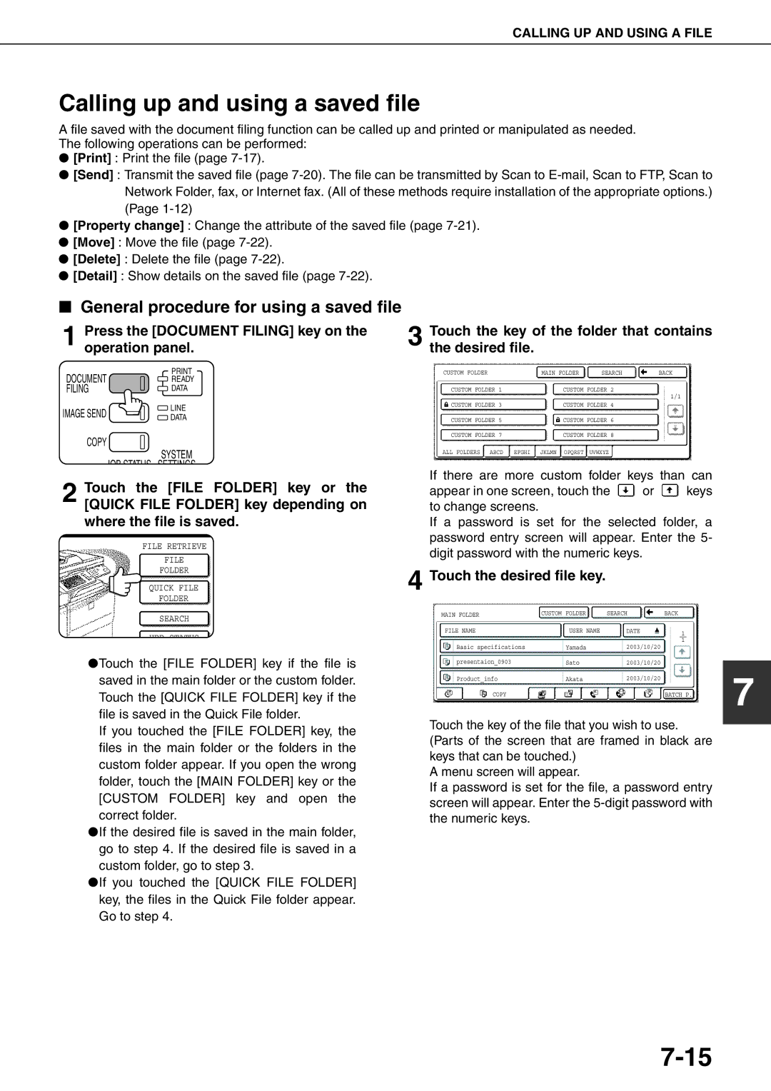 Sharp MX-M620U Calling up and using a saved file, General procedure for using a saved file, Touch the desired file key 