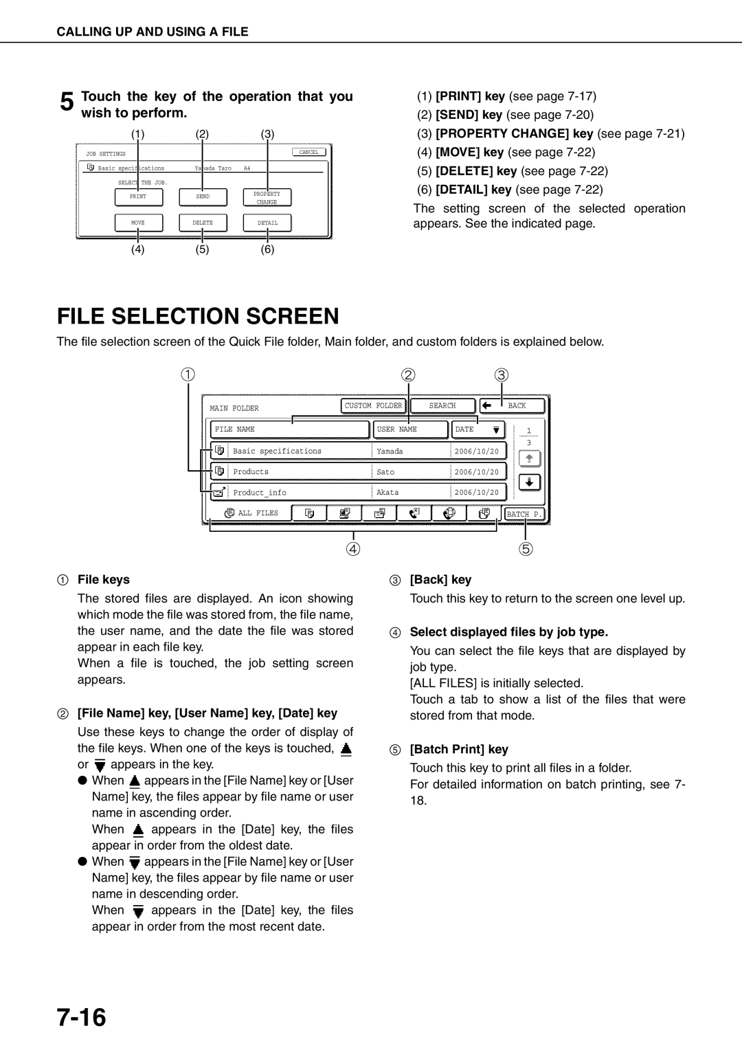 Sharp MX-M700N, MX-M550U, MX-M620N, MX-M700U File keys, Back key, Select displayed files by job type, Batch Print key 