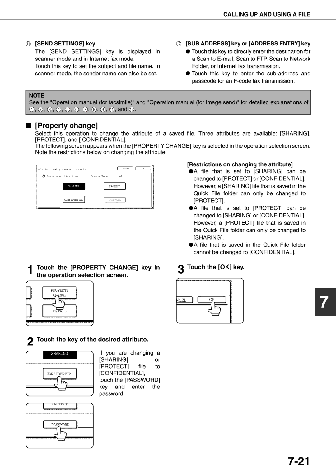 Sharp MX-M620U, MX-M700N, MX-M550U, MX-M620N Property change, Touch the key of the desired attribute, Send Settings key 