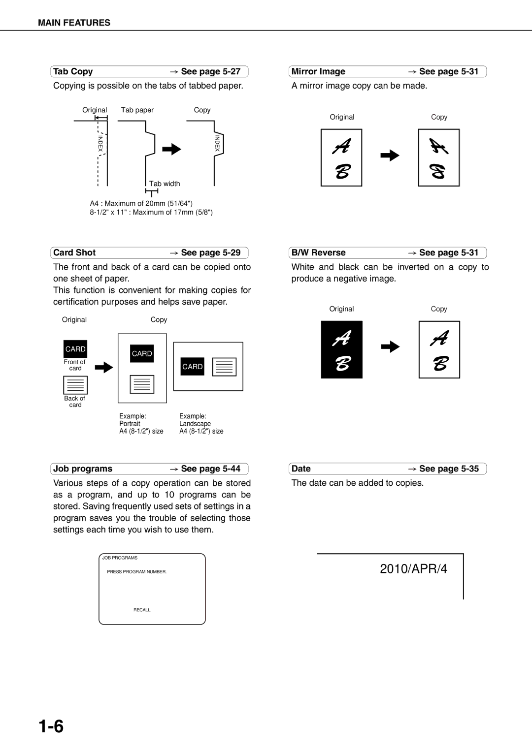 Sharp MX-M700N, MX-M550U, MX-M620N, MX-M700U, MX-M550N Tab Copy, Card Shot, Mirror Image, Reverse, Job programs, Date 