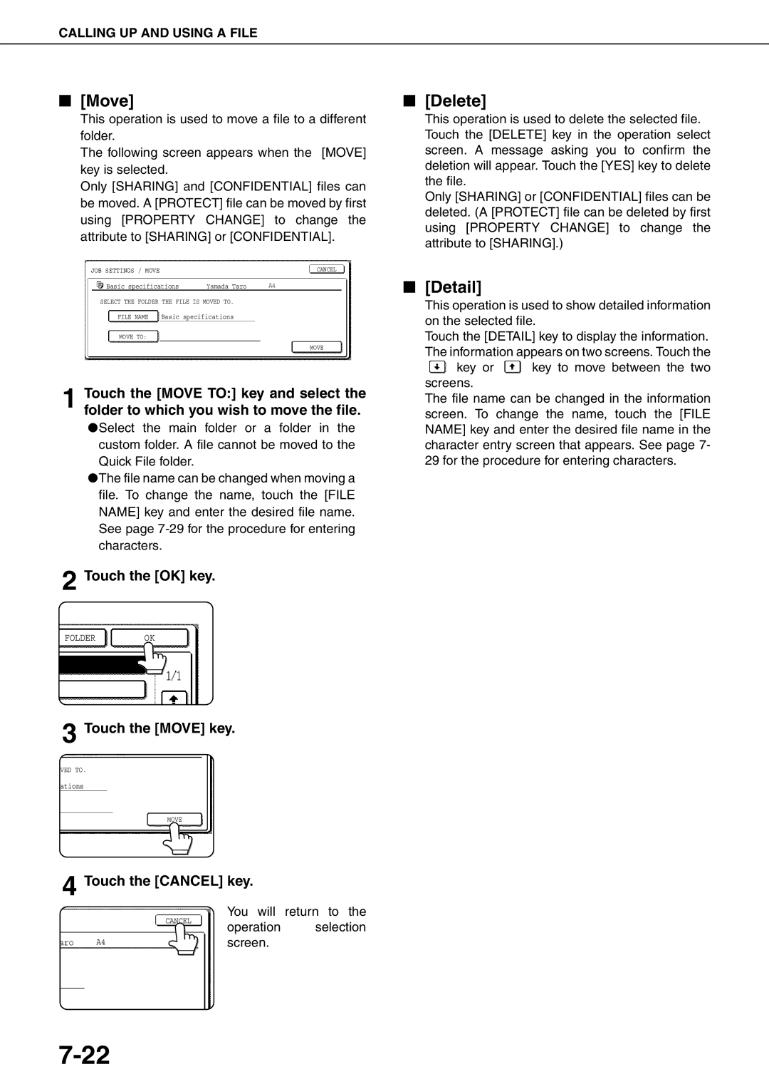 Sharp MX-M700N, MX-M550U, MX-M620N, MX-M700U, MX-M550N, MX-M620U Delete, Detail, Touch the Move key, Touch the Cancel key 