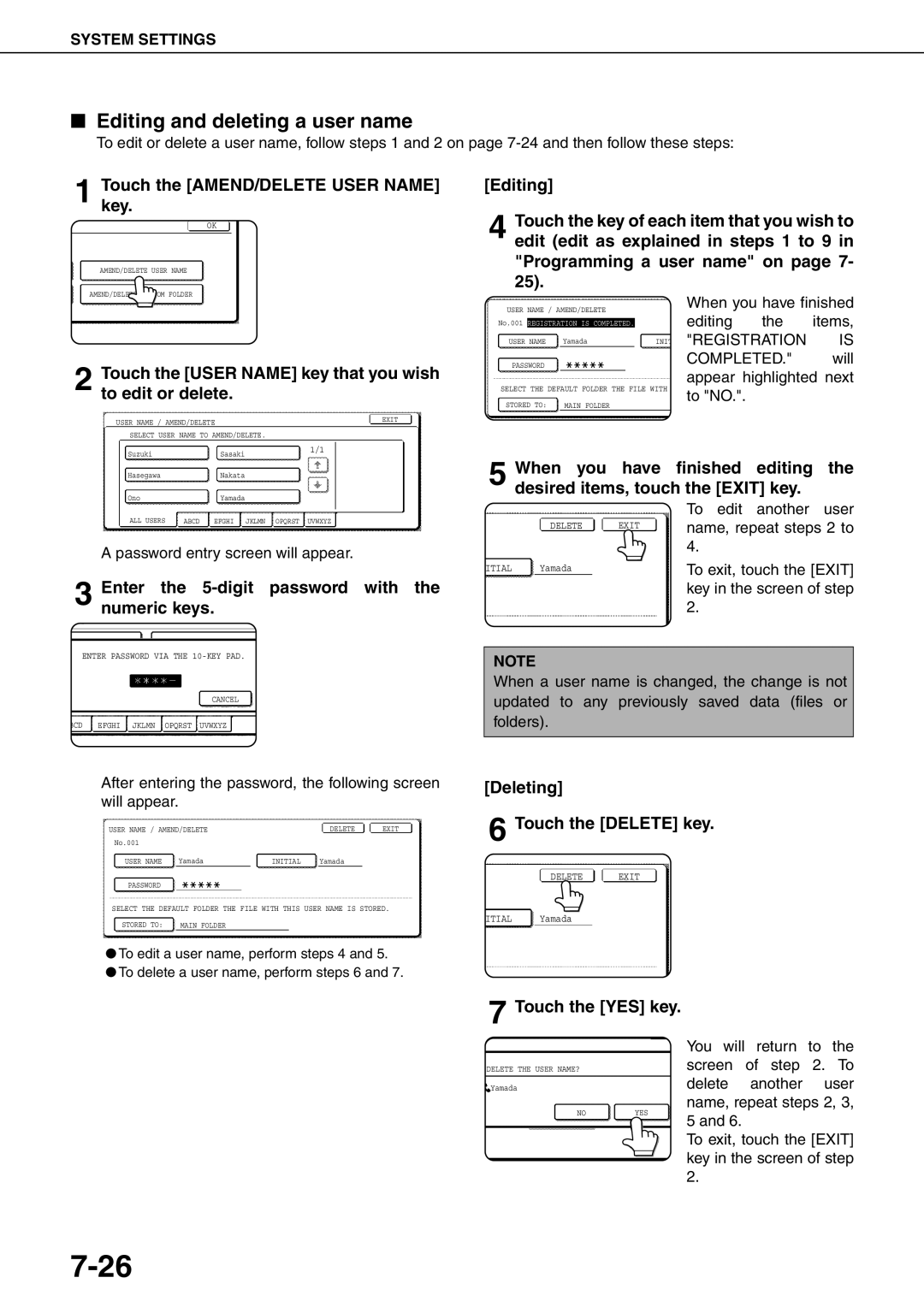 Sharp MX-M550N, MX-M700N, MX-M550U, MX-M620N, MX-M700U, MX-M620U specifications Editing and deleting a user name 