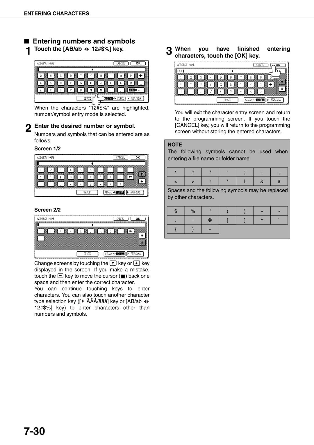 Sharp MX-M620N, MX-M700N, MX-M550U Entering numbers and symbols, Enter the desired number or symbol, Screen 1/2 Screen 2/2 