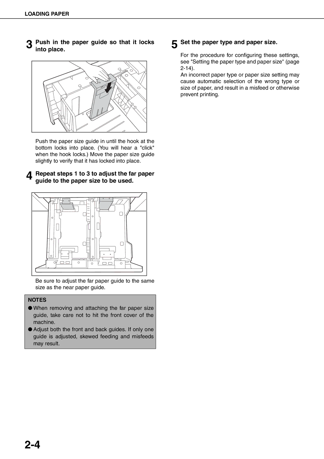 Sharp MX-M550N, MX-M700N, MX-M550U Push in the paper guide so that it locks into place, Set the paper type and paper size 