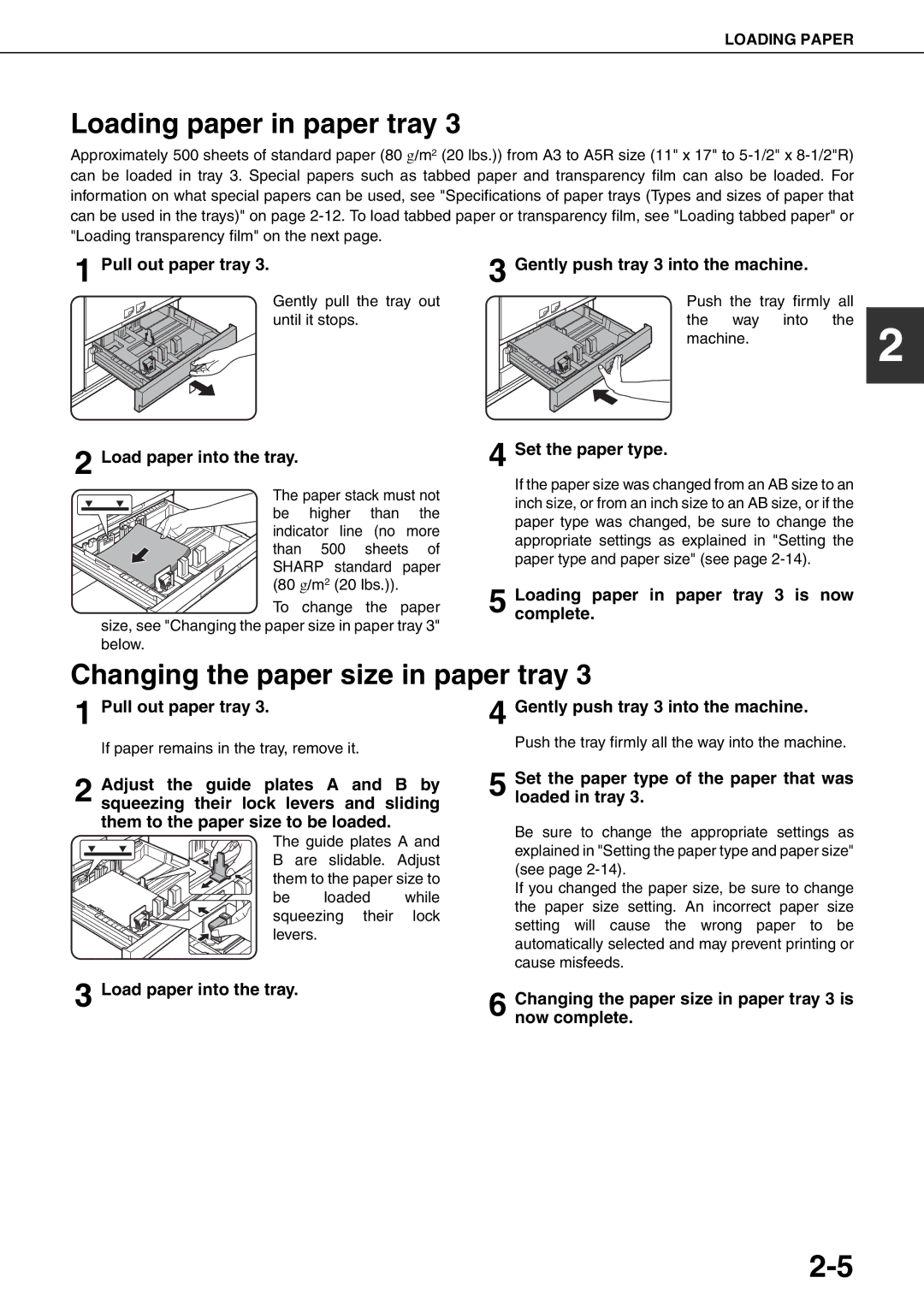 Sharp MX-M620U, MX-M700N, MX-M550U, MX-M620N, MX-M700U Loading paper in paper tray, Changing the paper size in paper tray 