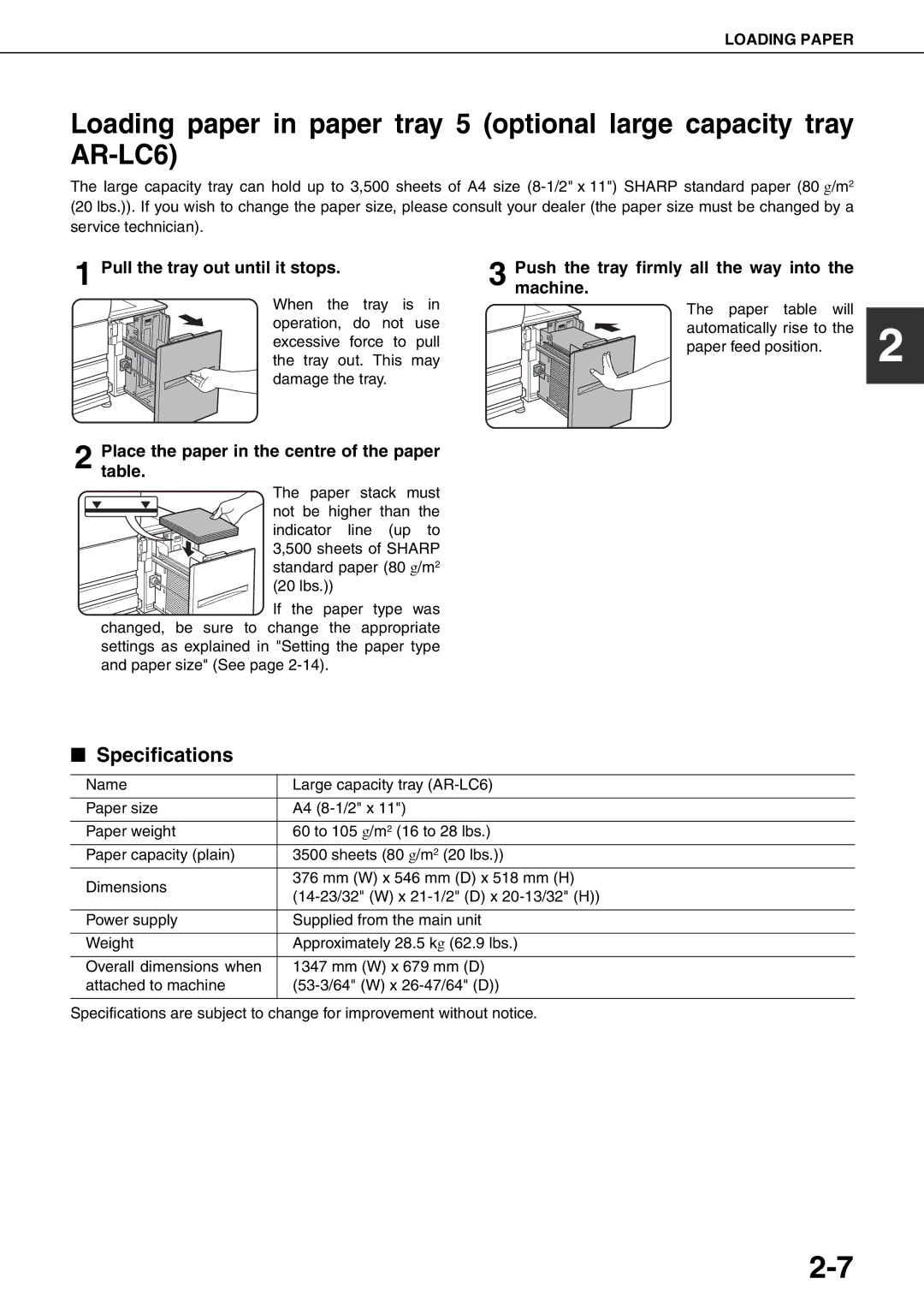 Sharp MX-M550U Specifications, Pull the tray out until it stops, Push the tray firmly all the way into the machine 