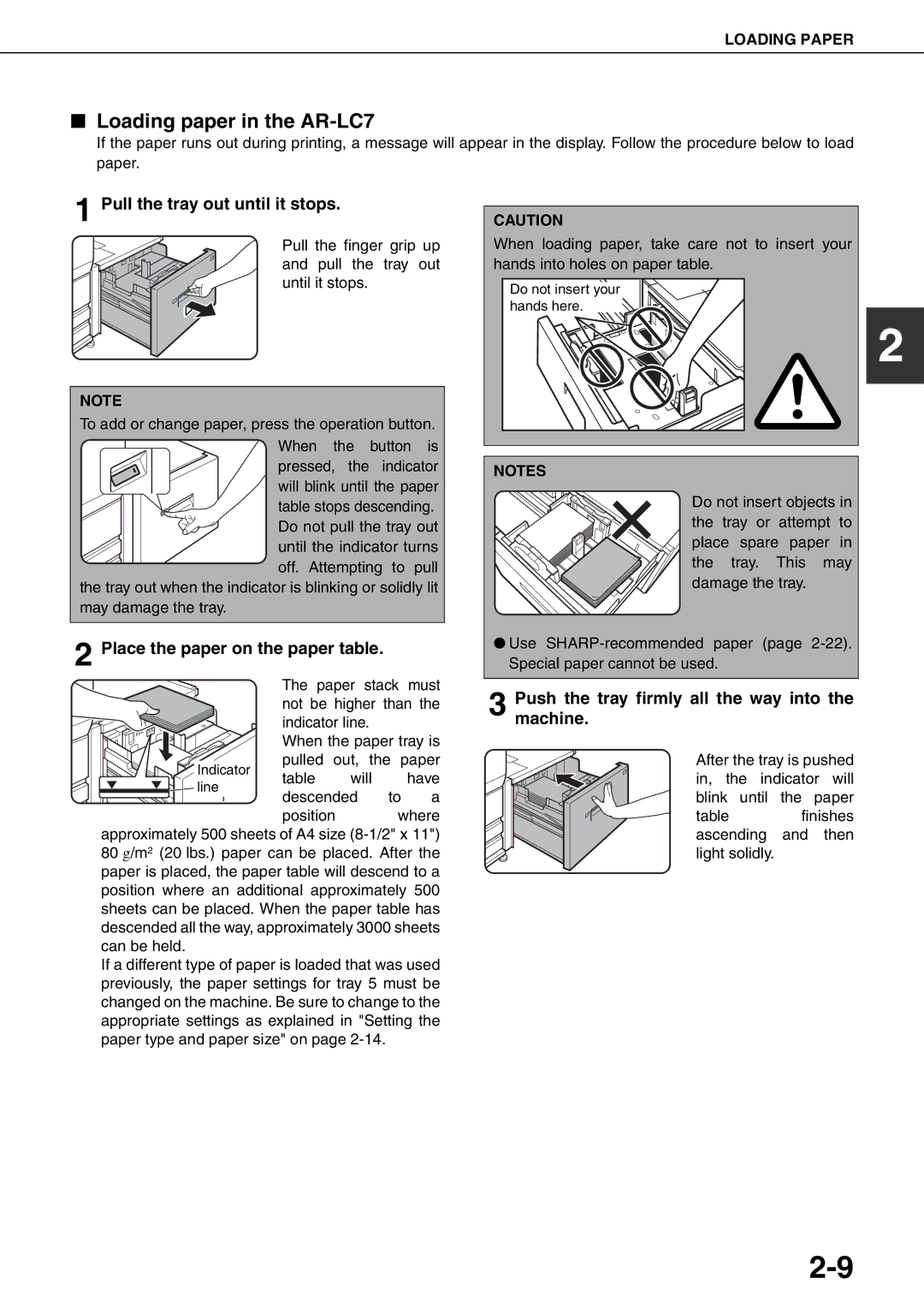 Sharp MX-M700U, MX-M700N, MX-M550U, MX-M620N, MX-M550N Loading paper in the AR-LC7, Place the paper on the paper table 