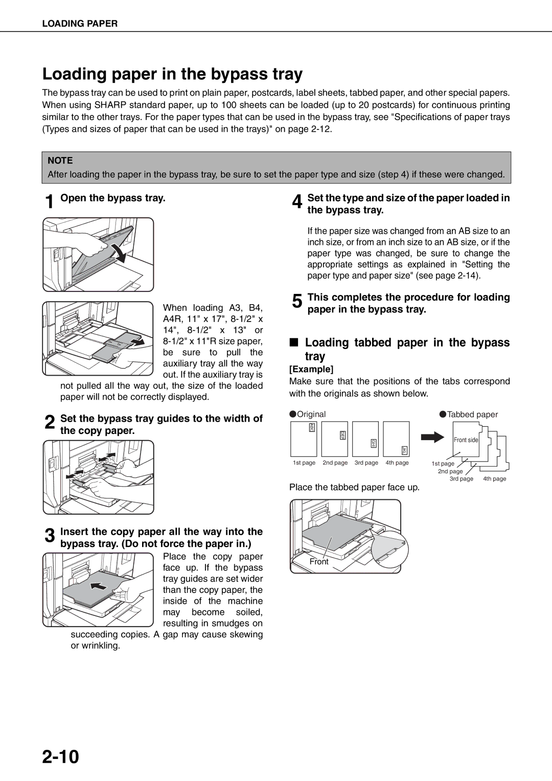 Sharp MX-M550N Loading paper in the bypass tray, Loading tabbed paper in the bypass Tray, Open the bypass tray, Example 