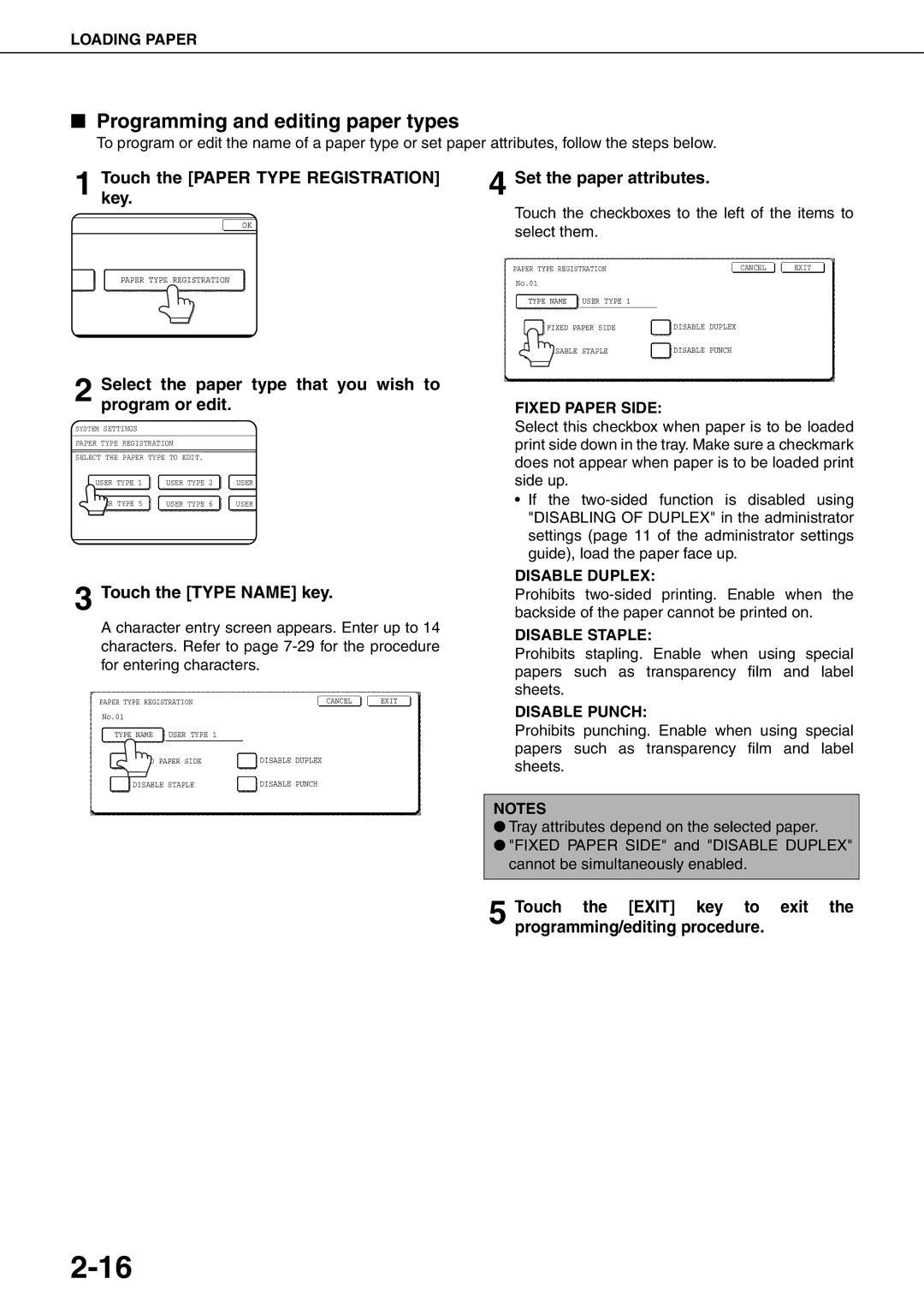 Sharp MX-M550N Programming and editing paper types, Touchkey. the Paper Type Registration, Touch the Type Name key 