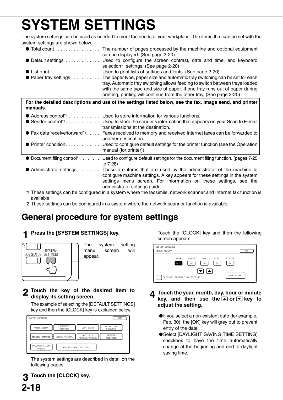 Sharp MX-M700N, MX-M550U, MX-M620N, MX-M700U System Settings, General procedure for system settings, Touch the Clock key 